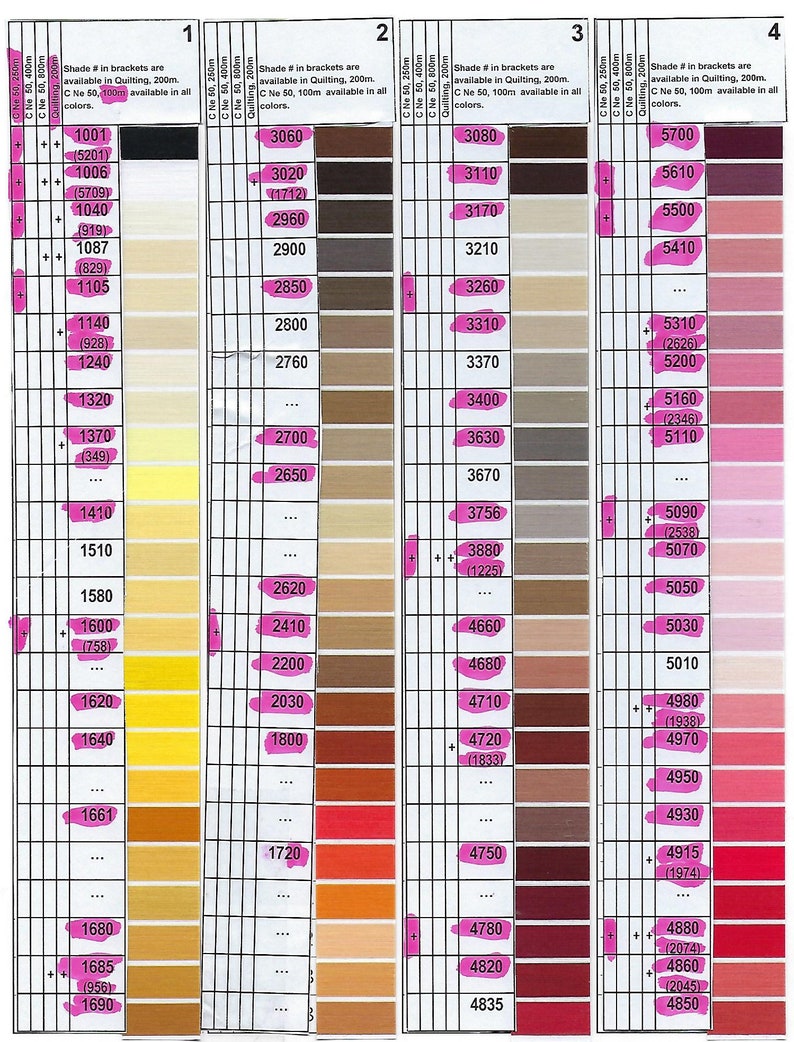 May include: Colour chart with numbered shades of thread in various colours, including white, beige, brown, red, pink, and purple. The chart is divided into four sections, each with a different range of colours. The chart is labelled with the thread number and the size of the thread.