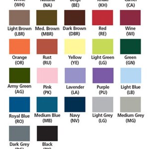 May include: A color chart with 25 different color swatches, each labeled with a color name and abbreviation. The colors include white, natural, beige, khaki, camel, light brown, medium brown, dark brown, red, wine, orange, rust, yellow, light green, green, army green, pink, lavender, purple, light blue, royal blue, medium blue, navy, light gray, medium gray, dark gray, and black.