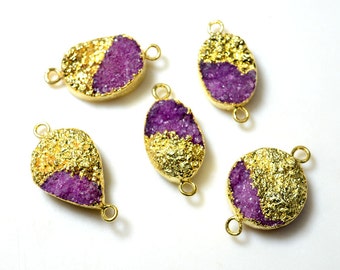 Gold Electroplated Purple Druzy Connector, Gemstone Connector, 5 Pieces, 15x30mm To 20x35mm Each