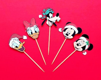 Mickey and Minnie Christmas Party Decorations.  Cupcake Toppers. Set of 12