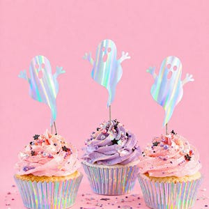Holographic Ghost Cupcake Toppers, Pastel Halloween - 12 ct