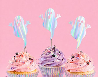 Holographic Ghost Cupcake Toppers, Pastel Halloween - 12 ct