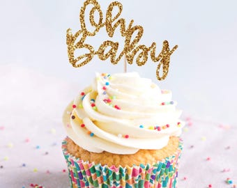 Gold Glitter "Oh Baby" Cupcake Toppers, Set of 12