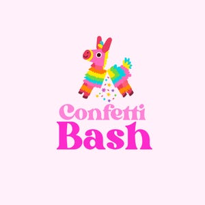 May include: A colorful illustration of a pi&ntilde;ata-style llama with rainbow fringe and a confetti burst. The text "Confetti Bash" is displayed in pink, stylized lettering on a light pink background. This design is suitable for party decorations.