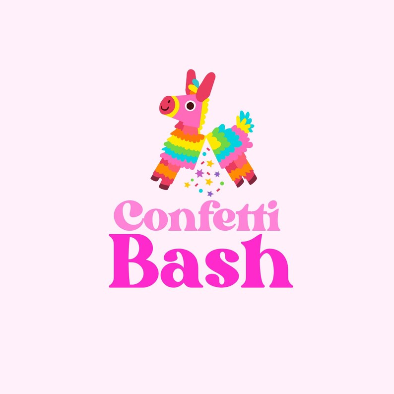May include: A colorful illustration of a pi&ntilde;ata-style llama with rainbow fringe and a confetti burst. The text "Confetti Bash" is displayed in pink, stylized lettering on a light pink background. This design is suitable for party decorations.