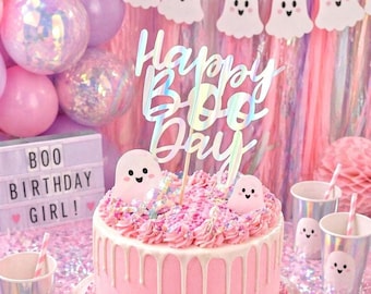 Holographic Ghost Happy Boo Day Cake Topper – Pastel Halloween Party Decor