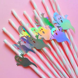 Holographic Ghost Halloween Straws: Pink, Pastel Party Decor