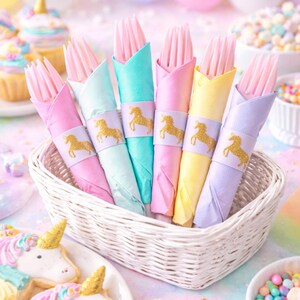 Unicorn Party Cutlery Set, Pastel Rainbow Tableware, Gold Embellished