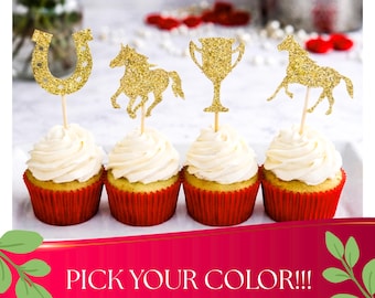 Kentucky Derby Cupcake Toppers: Glitter Horse Party Decorations
