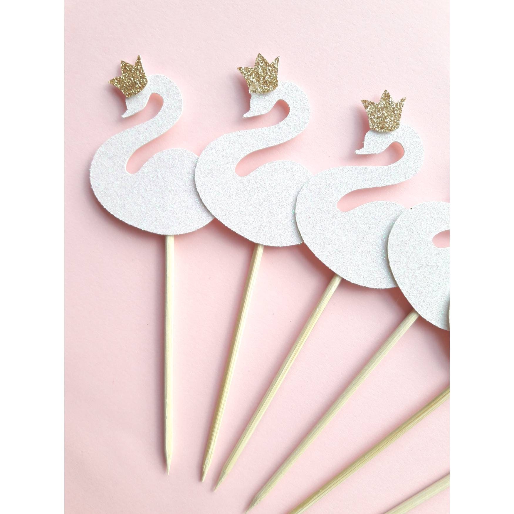 24 Stück Glitzer Schwan Cupcake Topper – Blaue & Rosa Kuchen-Deko Für Babyparty & Geburtstag | Mit Zahnstocher