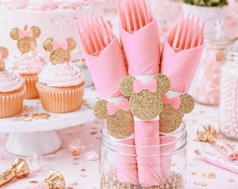 Minnie Mouse Party Cutlery Set, Pink and Gold Napkin Wrap (12 Sets)
