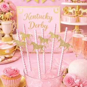 Gold Horse Paper Straws: Kentucky Derby Party Decorations (Set of 12)