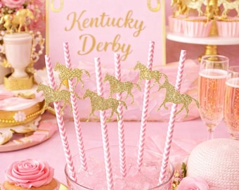 Gold Horse Paper Straws: Kentucky Derby Party Decorations (Set of 12)