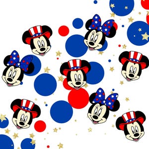 May include: A pattern featuring cartoon mouse heads wearing red, white, and blue patriotic top hats or blue star-patterned bows, interspersed with solid red and blue circles and small gold glitter stars on a plain white background.