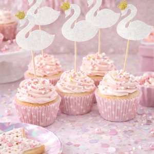 Swan Cupcake Toppers: 12 Pearl Glitter Swans with Gold Crowns