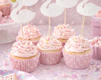 Swan Cupcake Toppers: 12 Pearl Glitter Swans with Gold Crowns