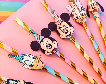 Mickey and Friends Birthday Straws, Pastel Mickey Party Decor. Set of 12