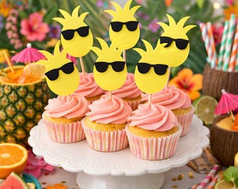 Pineapple Cupcake Toppers, Tropical Decorations. Pineapple Theme. Luau (Set of 12)