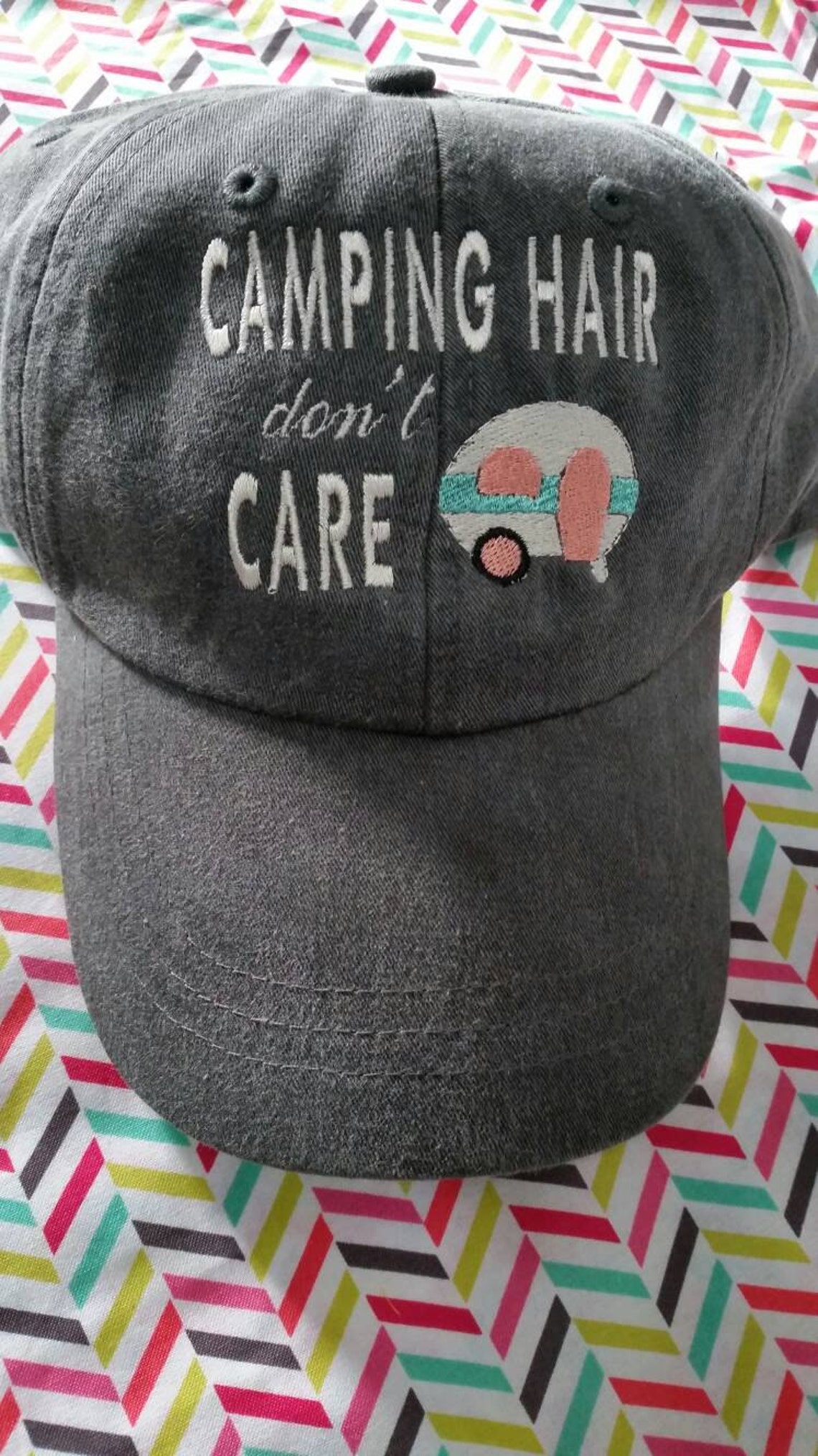 Camping Hair Don t Care Baseball Hat With Generic Camper Etsy