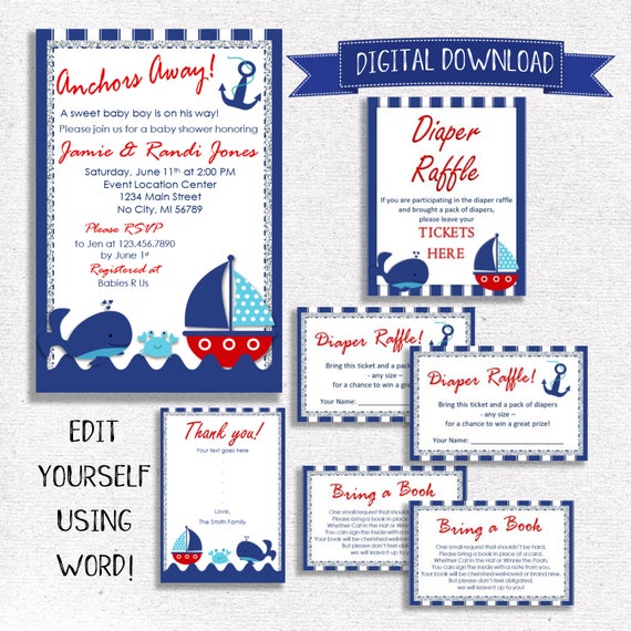 Nautical Baby Shower Invitation Package Digital Download Etsy