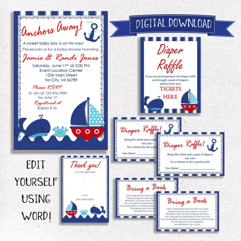 Nautical Baby Shower Invitation Package Digital Download Etsy