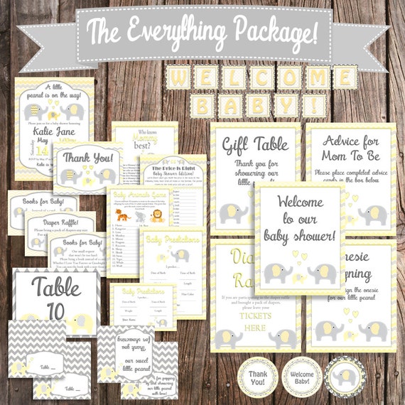 Yellow Elephant Baby Shower Package Printable Yellow And Etsy