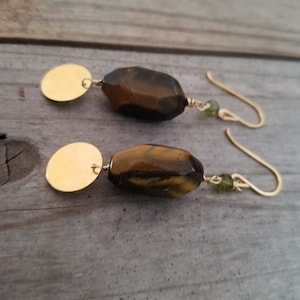 Real Genuine Raw Polished Tiger&#39;s Eye Gold Nugget Dangle Earrings,Green Vesuvianite,Gemstones,Fall,Autumn,Brown,Leopard Jewelry,14k,Sparkle