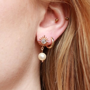 Sun Pearl Dangle Earrings, 18K Gold Plated, Freshwater Pearl Studs, Gold Sun Earrings, Pearl Drop Earrings, Trendy Vintage Style Earrings