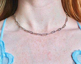 Stainless Steel Paperclip Chain Necklace, Waterproof & Tarnish Resistant, Everyday Life Proof, Never Take Off, Silver Link Chain