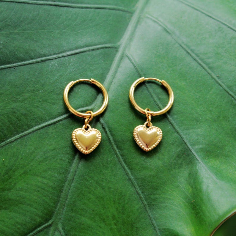 Waterproof Gold Huggies Heart Charm 18K Gold Stainless Steel Earrings