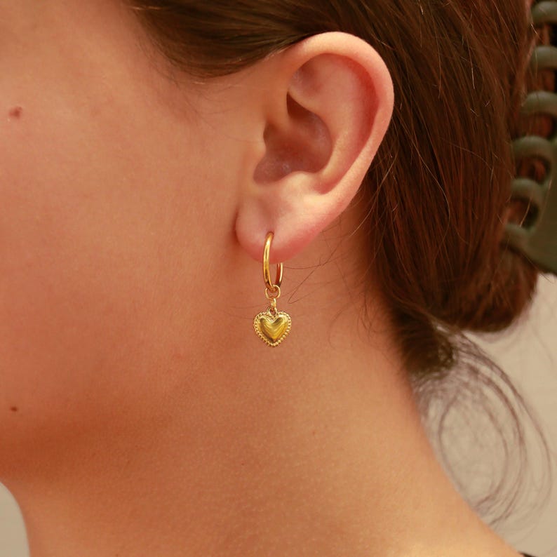 Waterproof Gold Huggies Heart Charm 18K Gold Stainless Steel Earrings