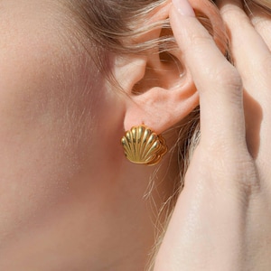 May include: Gold-colored seashell stud earrings. The earrings have a detailed, textured design, resembling a scallop shell. The earrings are shown on an ear, with a hand touching the hair.