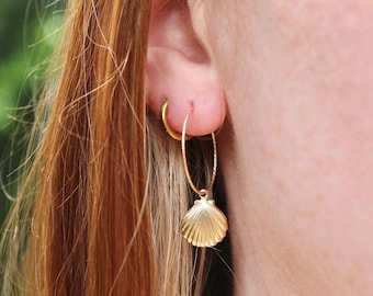 Seashell 14k Gold Filled Hoop Earrings, Dainty Charm Hoops, Delicate Beach Theme, Tarnish Resistant, Long Lasting Jewelry, Wear Everyday