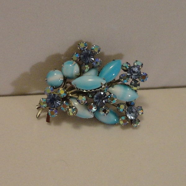 Vintage Blue Milk Glass & AB Rhinestone Brooch