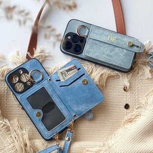 Crossbody iPhone Case für iPhone 15/14/13/12/11 Pro Max - Personalisierte Denim Handyhülle mit benutzerdefinierten Initialen/Monogramm - Geschenk für Sie