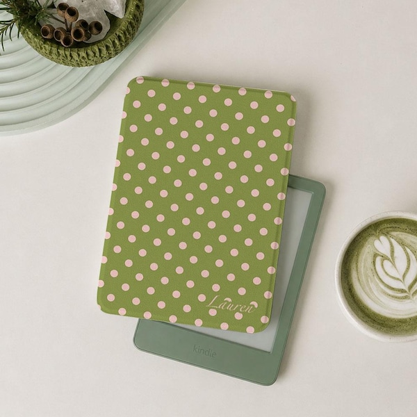 セージグリーンとピンクの水玉模様のパーソナライズされたKindle Paperwhite第12世代（2024年）、Paperwhite 2021カバー6.8インチケース、Kobo Claraケース、彼女へのギフト
