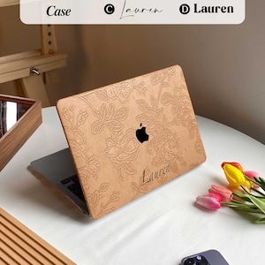 Étui MacBook en cuir marron avec fleurs 3D pour MacBook Air 13 15" Pro 13 14 15 16", coque personnalisée feuille A3113 A2337 pour ordinateur portable, cadeaux pour elle