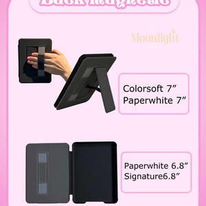 K&ouml;nnte beinhalten: Eine schwarze magnetische E-Reader-H&uuml;lle mit Handschlaufe und integriertem St&auml;nder. Der Text auf dem Bild lautet Back magnetic, Colorsoft 7", Paperwhite 7", Paperwhite 6.8" und Signature 6.8". Die H&uuml;lle wird in verschiedenen Ansichten gezeigt.
