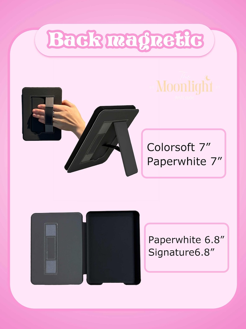K&ouml;nnte beinhalten: Eine schwarze magnetische E-Reader-H&uuml;lle mit Handschlaufe und integriertem St&auml;nder. Der Text auf dem Bild lautet Back magnetic, Colorsoft 7", Paperwhite 7", Paperwhite 6.8" und Signature 6.8". Die H&uuml;lle wird in verschiedenen Ansichten gezeigt.