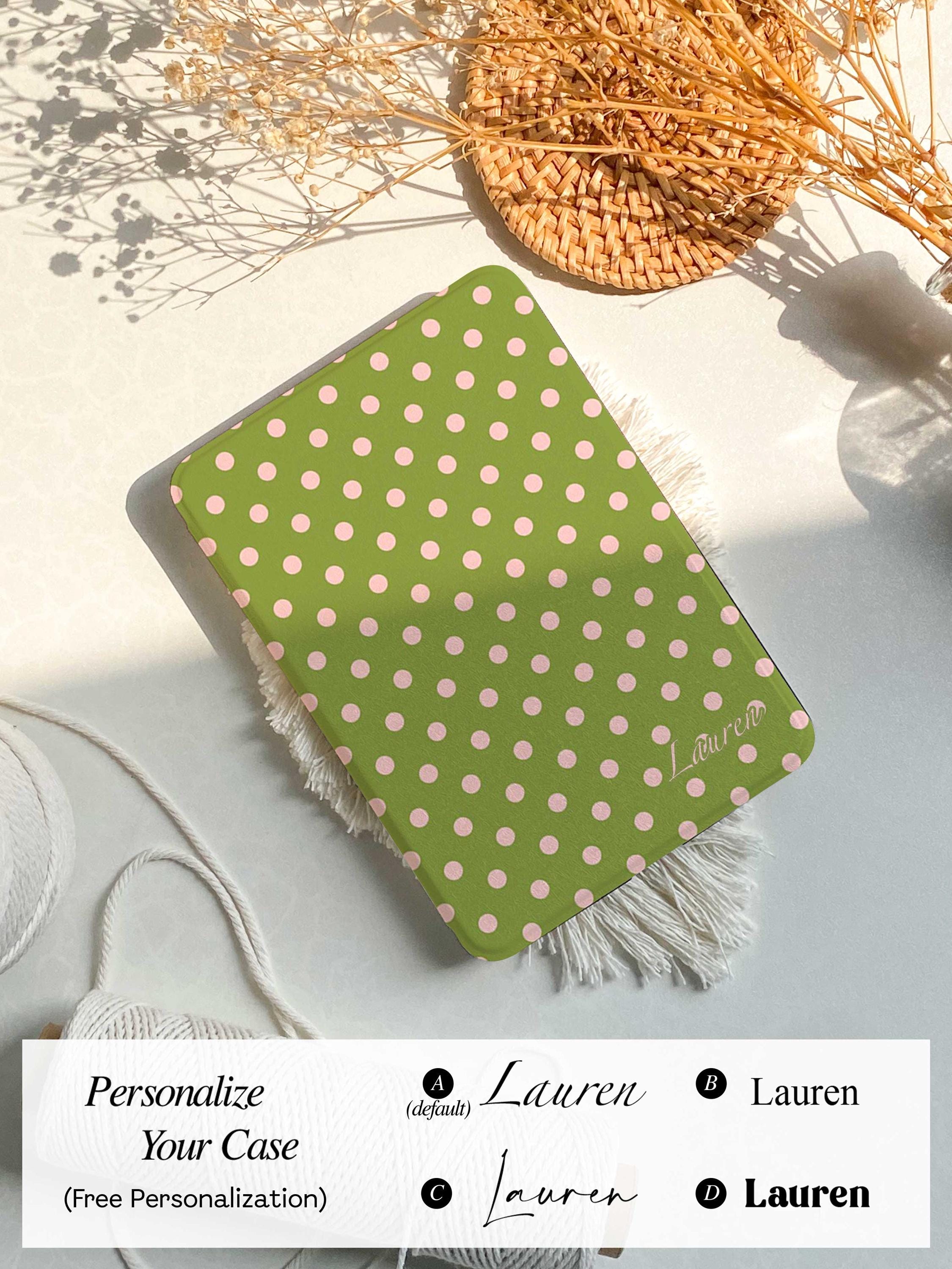 Sage Green Pink Polka Dot Personalization Kindle Paperwhite 12th Gen ...