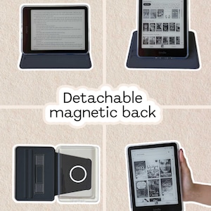 K&ouml;nnte beinhalten: Eine dunkelgraue E-Reader-H&uuml;lle mit abnehmbarer magnetischer R&uuml;ckseite. Die H&uuml;lle verf&uuml;gt &uuml;ber eine transparente Schale f&uuml;r das Ger&auml;t, einen Folio-Deckel und einen magnetischen Befestigungsmechanismus. Text auf dem Bild: Moonlight, Detachable magnetic back und The back cover won't slide off.