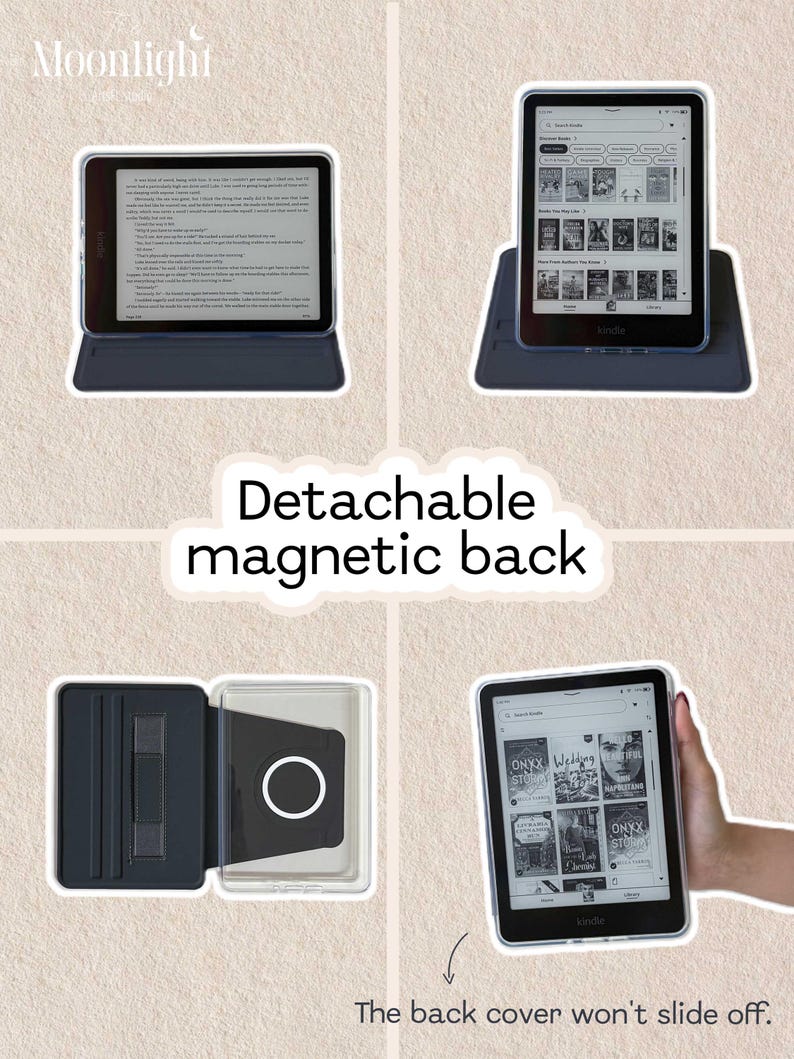 K&ouml;nnte beinhalten: Eine dunkelgraue E-Reader-H&uuml;lle mit abnehmbarer magnetischer R&uuml;ckseite. Die H&uuml;lle verf&uuml;gt &uuml;ber eine transparente Schale f&uuml;r das Ger&auml;t, einen Folio-Deckel und einen magnetischen Befestigungsmechanismus. Text auf dem Bild: Moonlight, Detachable magnetic back und The back cover won't slide off.