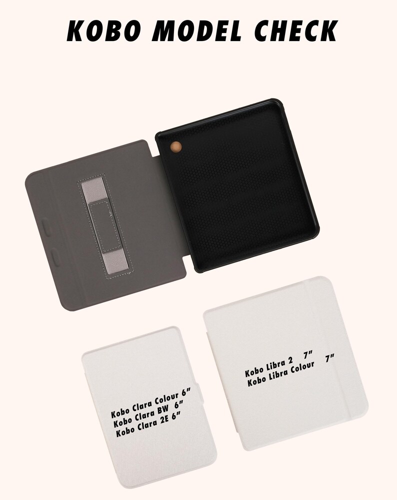 Op de afbeelding: Een close-up van twee witte e-reader hoesjes met de tekst "Kobo Clara Colour 6", "Kobo Clara BW 6", "Kobo Clara 2E 6", "Kobo Libra 2 7" en "Kobo Libra Colour 7".