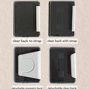 K&ouml;nnte beinhalten: Vier Tablet-H&uuml;llen von der R&uuml;ckseite dargestellt. Oben links: klare R&uuml;ckseite ohne Riemen. Oben rechts: klare R&uuml;ckseite mit Riemen. Unten links: abnehmbare magnetische R&uuml;ckseite. Unten rechts: abnehmbare klare R&uuml;ckseite. Text: BACK DISPLAY FOR, clear back no strap, clear back with strap, detachable magnetic back, detachable clear back, Moonlight.