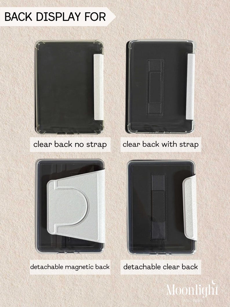 K&ouml;nnte beinhalten: Vier Tablet-H&uuml;llen von der R&uuml;ckseite dargestellt. Oben links: klare R&uuml;ckseite ohne Riemen. Oben rechts: klare R&uuml;ckseite mit Riemen. Unten links: abnehmbare magnetische R&uuml;ckseite. Unten rechts: abnehmbare klare R&uuml;ckseite. Text: BACK DISPLAY FOR, clear back no strap, clear back with strap, detachable magnetic back, detachable clear back, Moonlight.
