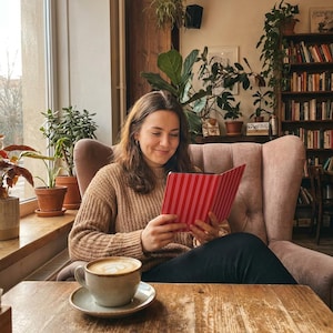K&ouml;nnte beinhalten: Ein E-Reader mit rot-rosa gestreifter H&uuml;lle, gehalten mit einem beigen Strickpullover und schwarzer Hose, dazu eine Keramiktasse mit Latte Art auf einem Holztisch. Im Hintergrund befinden sich ein rosa Sessel und ein B&uuml;cherregal.