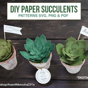 May include: DIY paper succulent patterns for crafting. The image shows three paper succulents in small pots with a brown wooden background. The succulents are green and have a realistic appearance. The text "DIY Paper Succulents" and "Patterns SVG, PNG & PDF" is displayed at the top of the image.