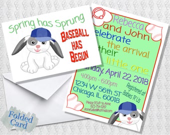 Baby Baseball Bunny Invitation; Baby Shower Invitation; Folded Card; Postcard