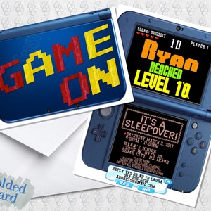 Videospiel 3ds Einladung; Spieler; Videospiele; Handspiel; Nintendo; Klappkarte; Postkarte; Bedruckt