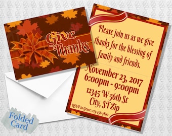 Thanksgiving Give Thanks Invitation; Friends-Giving; Friendsgiving; Fall Leaves; Printed; Folded; Postcard; E-Card; Digital; Shipped